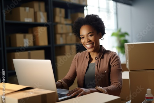 Online store seller during an online conversation with a buyer. Smiley middle aged black woman sits in front of laptop monitor in a warehouse of products during online video call with a customer. photo