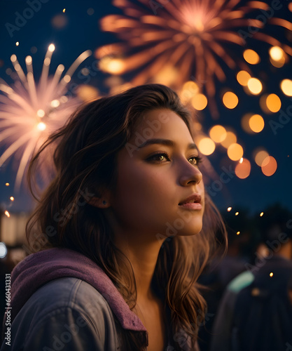 Woman looks at fireworks during new year