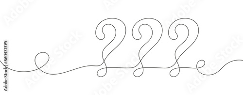 Three questions marks in continuous line style. Question mark continuous line art. FAQ concept vector. Interrogation symbols for expressing problems or difficulty.