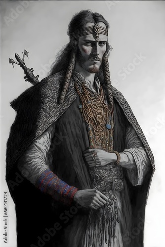 full body view 30 years old slavic duke 7th century AD sharp look naturaly strong noble garments sword on hip whip in hand decent jewellery colour gradding uplight isolated  photo