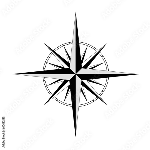 Kompass oder Windrose, Himmelsrichtungen als Orientierung für Nord, Süd, Ost, West ohne Hintergrund in schwarz, grau, weiß