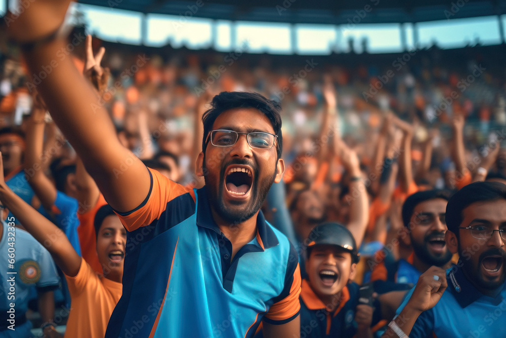 young man and excited audience celebrating and screaming while watching cricket match at stadium - obrazy, fototapety, plakaty 