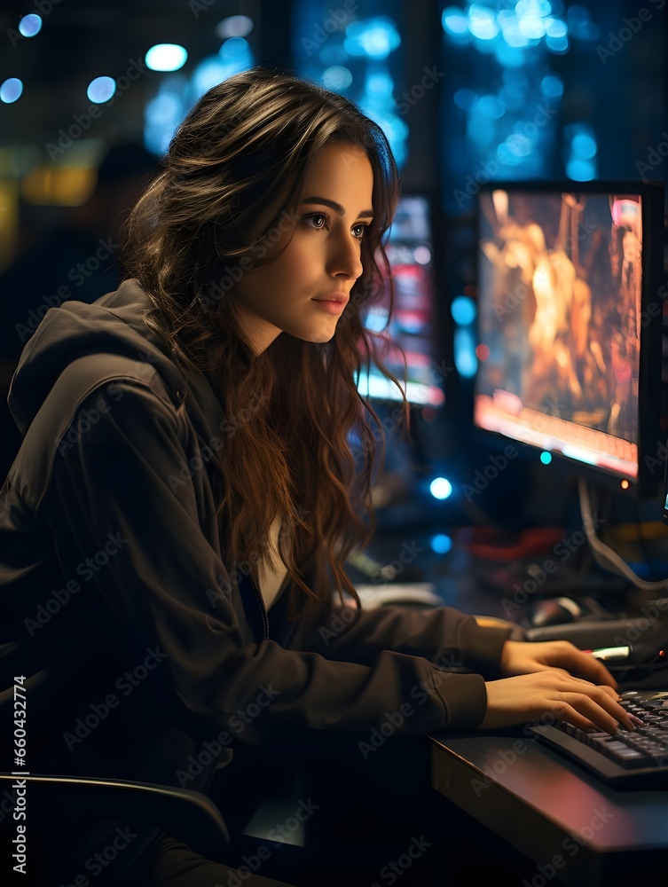 female stock trader working in datacenter at night, in the style of angular female stock trader working in datacenter at night, in the style of angular