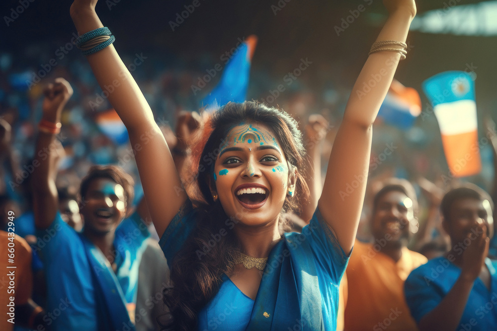 Young girl screaming by showing hand gestures and signs while watching cricket match at stadium. - obrazy, fototapety, plakaty 