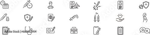 Vaccine  Medical health coronavirus covid19, contagious, epidemic, outbreak, icons collection editable stroke Vector