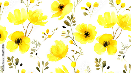 seamless yellow floral water color pattern on white background