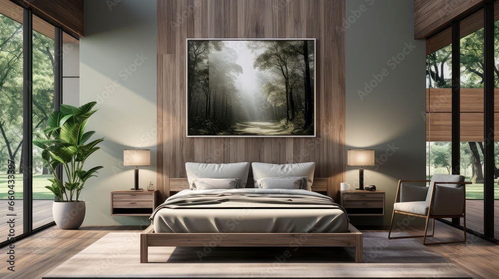 Fototapeta premium Mockup frame in cozy beige bedroom interior background.