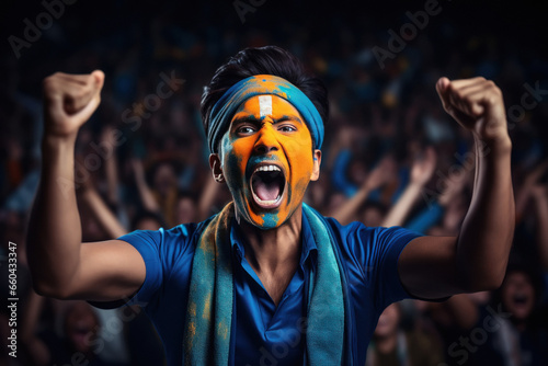 young man and excited audience celebrating and screaming while watching cricket match at stadium