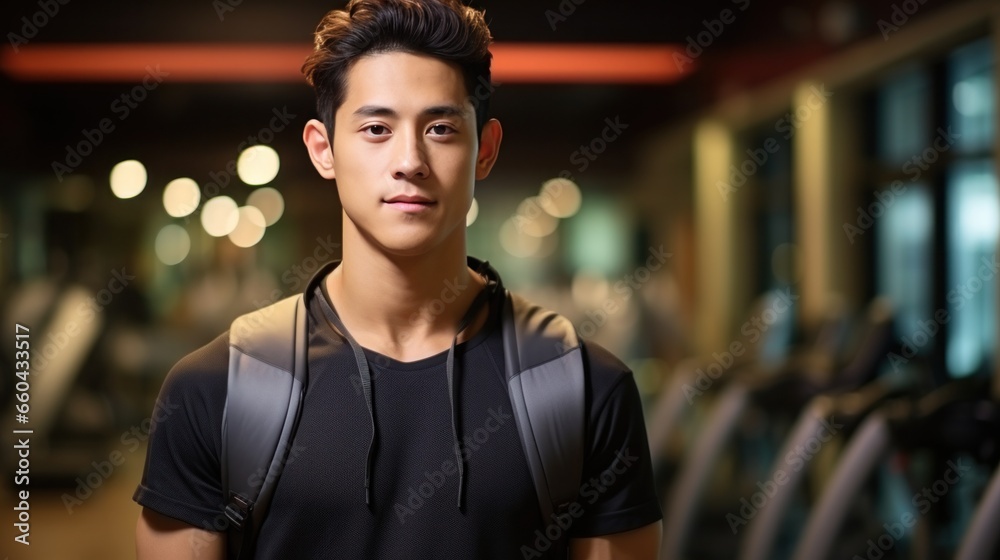 handsome chinese young man in sport wear in sporting club handsome chinese young man in sport wear in sporting club