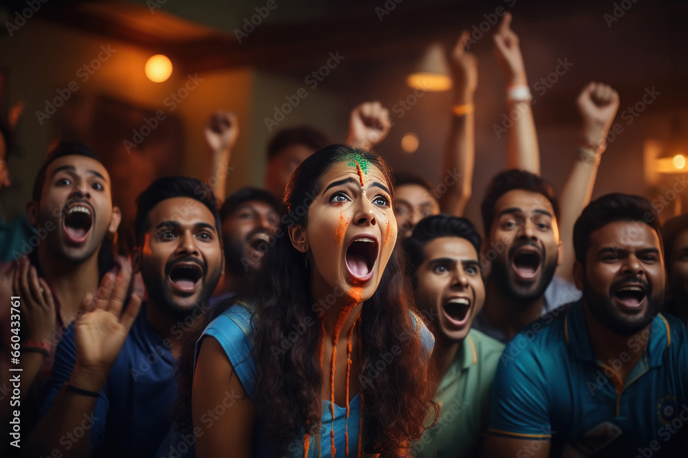excited audience celebrating and screaming while watching cricket match on television. - obrazy, fototapety, plakaty 