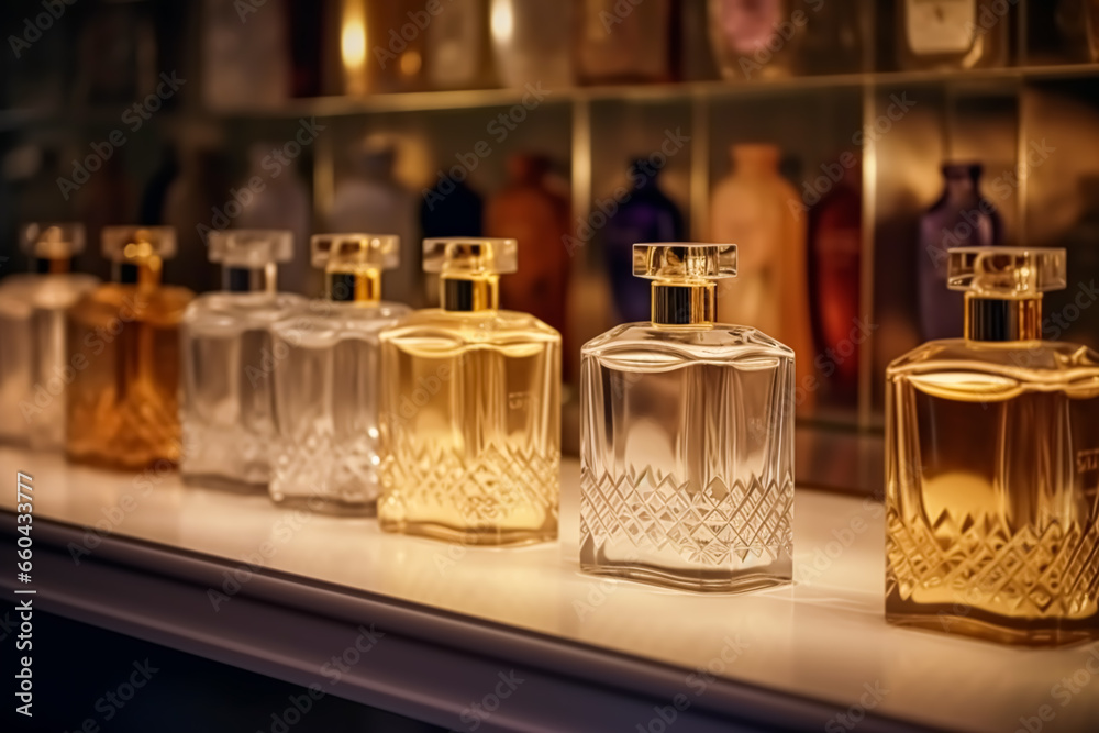 Luxury fragrance bottles at perfume scent at presentation event, bespoke perfumery and beauty product sale, generative ai