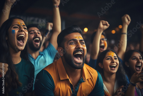 young man and excited audience celebrating and screaming while watching cricket match at stadium photo