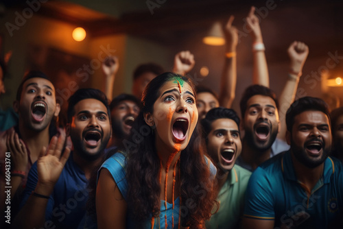 excited audience celebrating and screaming while watching cricket match on television.