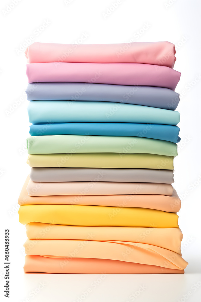 Stack of pastel colored clothes folded isolated on white background, generative ai Stack of pastel colored clothes folded isolated on white background, generative ai