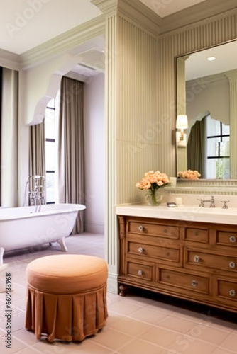 Classic bathroom decor, interior design and home improvement, bathtub and bathroom furniture, English country house and cottage style, generative ai