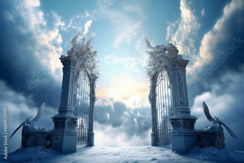 heavenly gate, sky, fantasy artwork. Generative AI