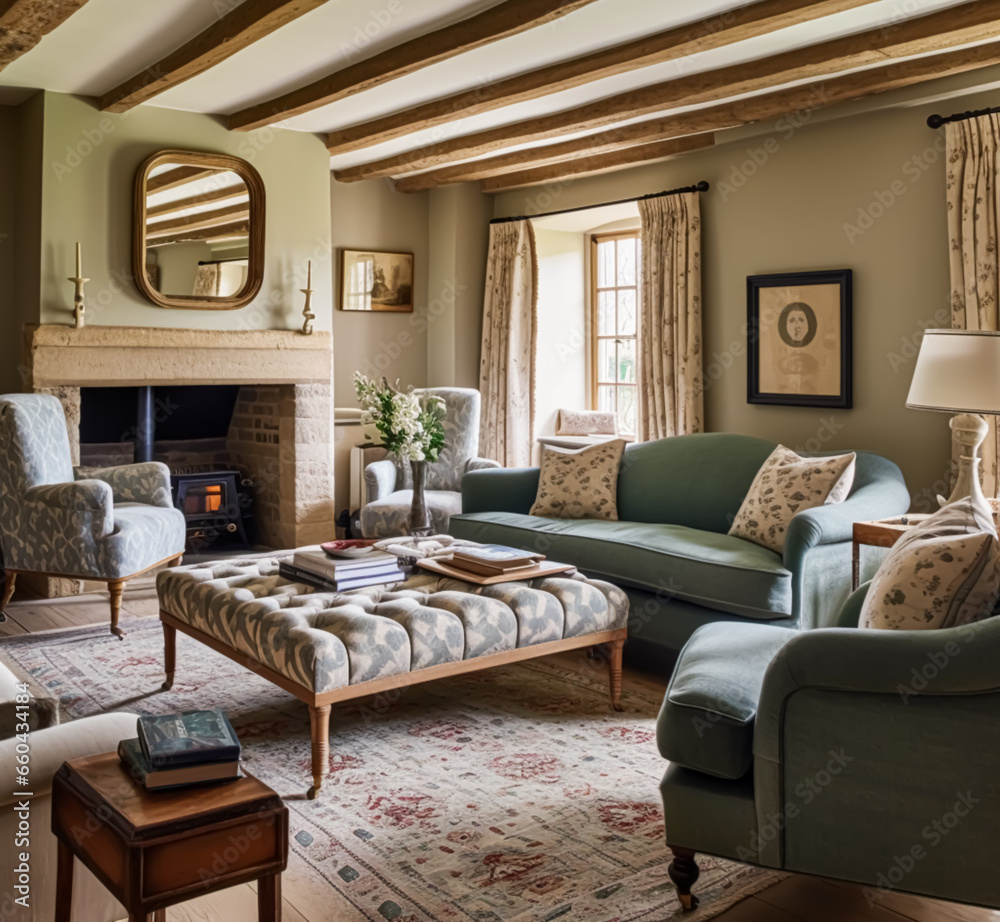 Country cottage lounge decor, sitting room and Cotswolds style interior design, living room furniture, sofa and home decor in elegant English country house style, generative ai