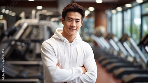 handsome chinese young man in sport wear in sporting club photo