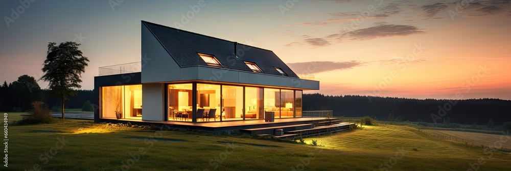 House with tranquil rural life. Sunset in meadow golden hour in countryside. Summer evening. Picturesque village. Nature canvas at dusk House with tranquil rural life. Sunset in meadow golden hour in countryside. Summer evening. Picturesque village. Nature canvas at dusk