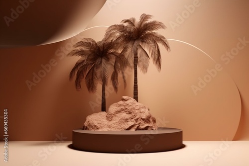 Brown beauty rock podium with palm shadows. Minimal background for product and presentation. 3D rendering. Generative AI