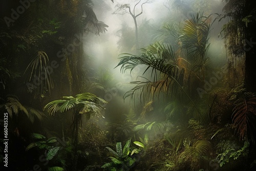 Misty rainforest ambiance portrayed in a digital artwork. Generative AI