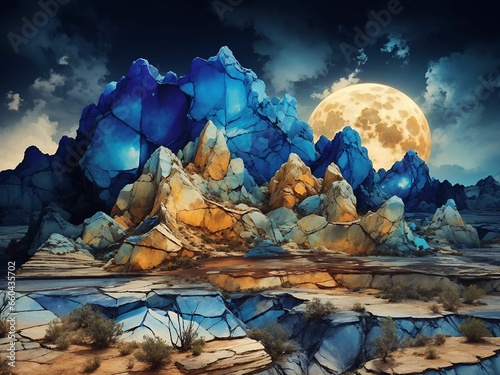 AI generated illustration of a landscape in blue translucid alcohol ink patterns