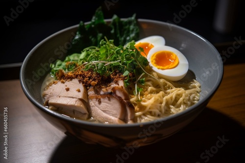 Chicken, noodles, Japanese, tonkotsu, ramen, tender, bowl. Generative AI