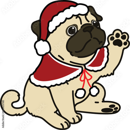 Simple and cute Christmas illustration of Pug waving hand outlined