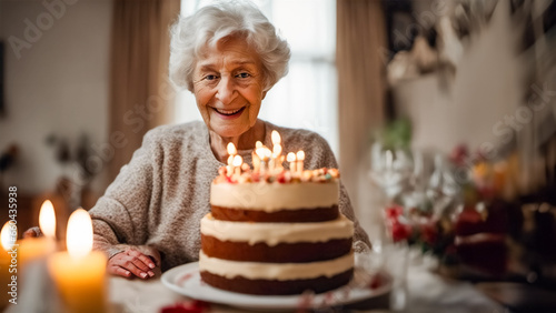 Una donna anziana festeggia il compleanno con una torta speciale II photo