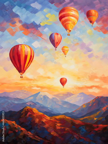 Landscape with beautiful balloons. Impressionism style oil painting.