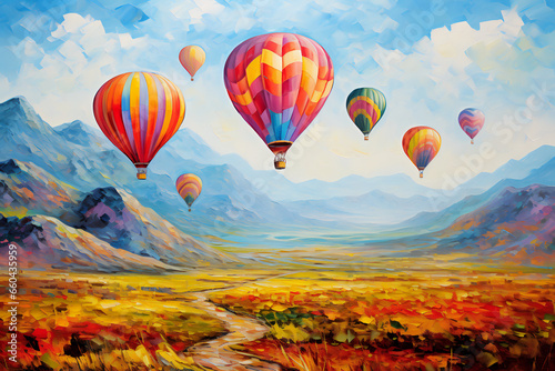 Landscape with beautiful balloons. Impressionism style oil painting.