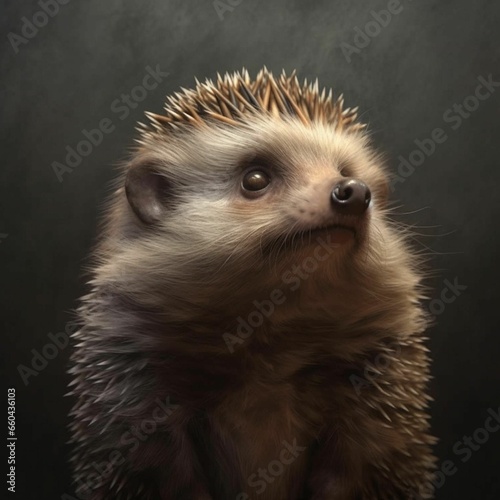 AI generated illustration of a small hedgehog looking up inquisitively with a curious expression photo