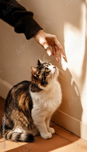 AI generated illustration of A domestic tabby cat with markings of grey and white stares photo