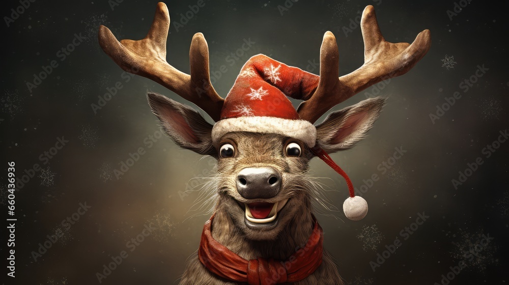 Cheerful and funny Christmas reindeer in red cap. Generative AI - obrazy, fototapety, plakaty 