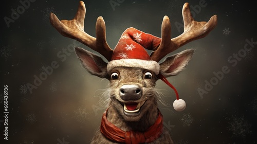 Foto Cheerful and funny Christmas reindeer in red cap. Generative AI