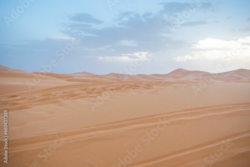 Sand dunes during sunset in Erg Chebbi desert  near Merzouga  Sahara Desert  in Morocco.