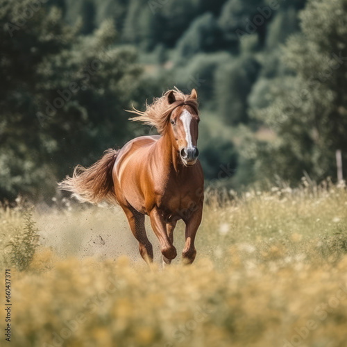 A brown horse running in a grassy field 