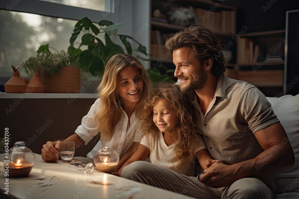 Family with little daughter resting on sofa in living room