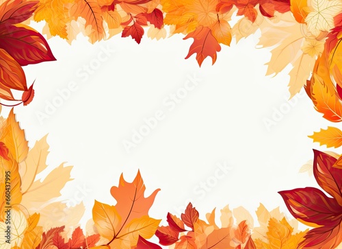 Autumn photo frame on a white background with yellow  orange  and red leaves  perfect for adding text. Generative AI