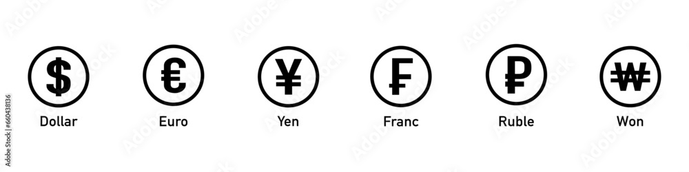 International currency symbol icons. Currency symbols. Euro, dollar, Franc, Yuan, Yen, Ruble, Won. Money kind icons. Vector Illustration. Vector graphic. EPS 10 - obrazy, fototapety, plakaty 