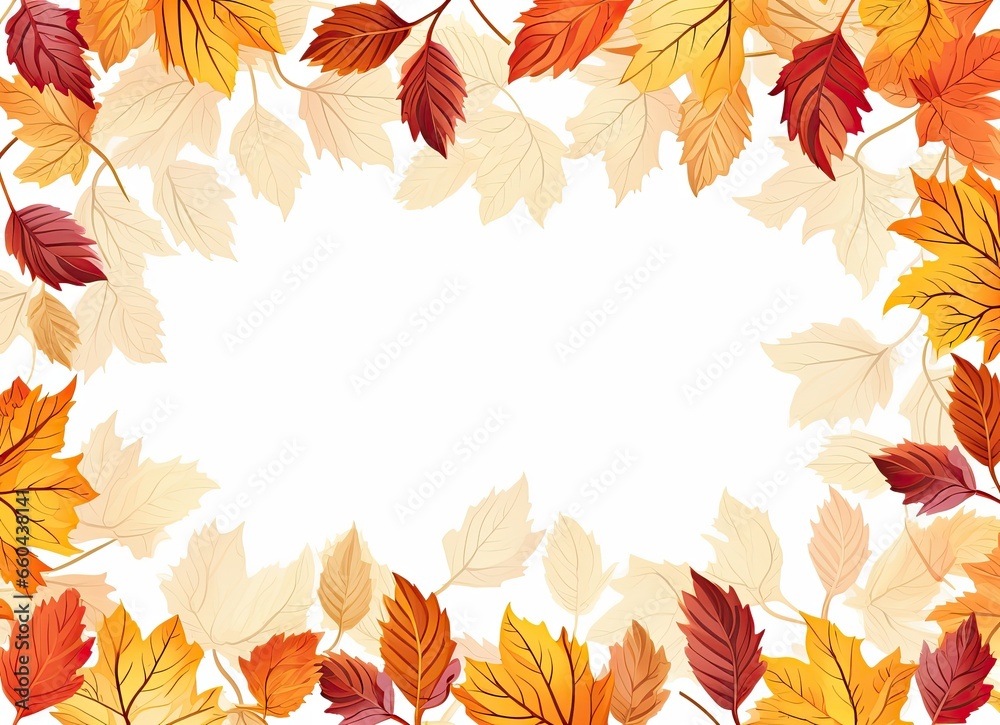 Autumn photo frame on a white background with yellow, orange, and red leaves, perfect for adding text. Generative AI