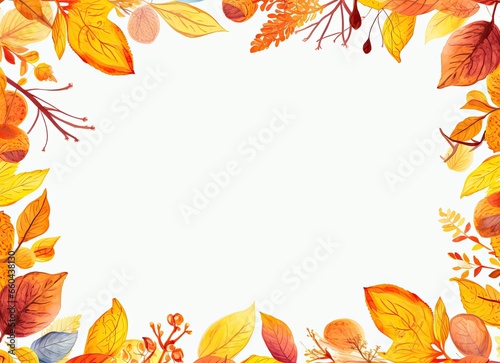 Autumn photo frame on a white background with yellow  orange  and red leaves  perfect for adding text. Generative AI
