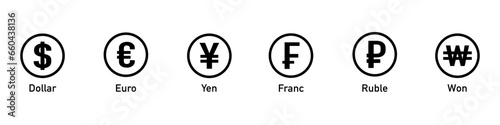 International currency symbol icons. Currency symbols. Euro, dollar, Franc, Yuan, Yen, Ruble, Won. Money kind icons. Vector Illustration. Vector graphic. EPS 10