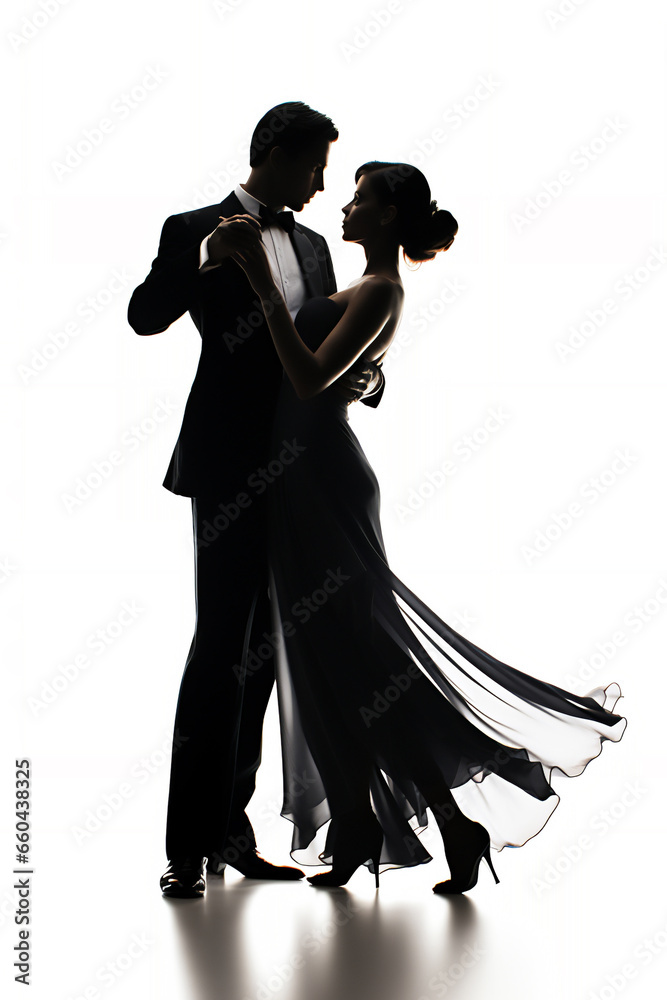 Silhouette of ballroom dancers who are dancing as a couple showing their technique skills at a Latin dance competition event, Generative AI stock illustration image isolated on a white background Silhouette of ballroom dancers who are dancing as a couple showing their technique skills at a Latin dance competition event, Generative AI stock illustration image isolated on a white background