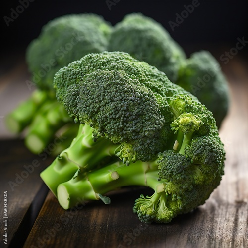 Bunch of fresh green broccoli on wooden background.