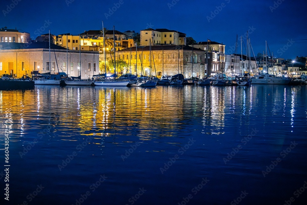 Night shot of Chania's Venetian harbor on the island of Crete.