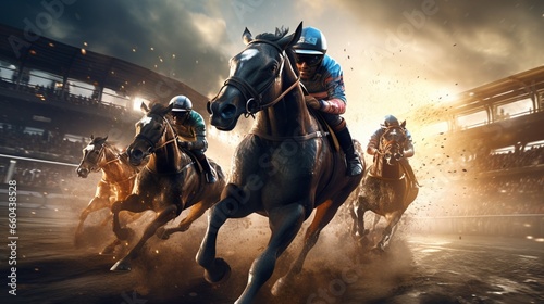 Immerse yourself in the electrifying world of virtual horse racing, where competitors push the limits of speed and endurance.  © hamad