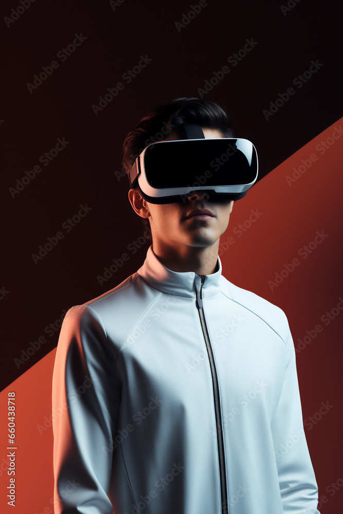 A male wearing a virtual reality headset to immersive in a digital realm where sensory feedback and interactive experiences redefine reality, computer Generative AI stock illustration image A male wearing a virtual reality headset to immersive in a digital realm where sensory feedback and interactive experiences redefine reality, computer Generative AI stock illustration image