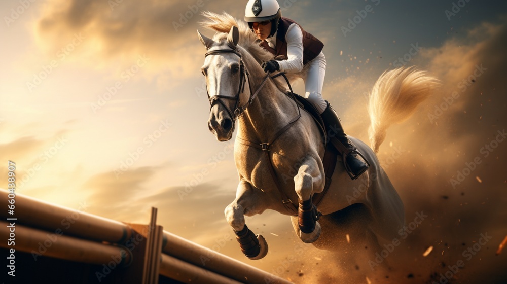 Immerse yourself in the world of driven equestrian excellence in mesmerizing 8K resolution.  - obrazy, fototapety, plakaty 