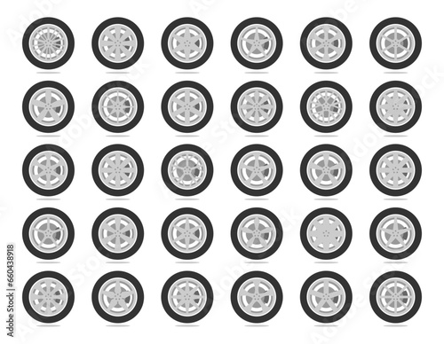 Set tires and wheels. Disc wheel car icon vector.